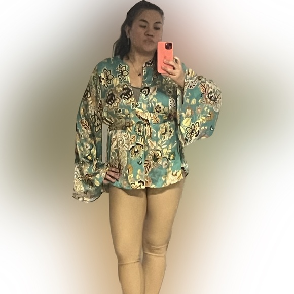 ZARA Boho Floral Kimono Oversized Blouse Top Robe Shirt Turquoise Tie Up Bow XL - Picture 8 of 16